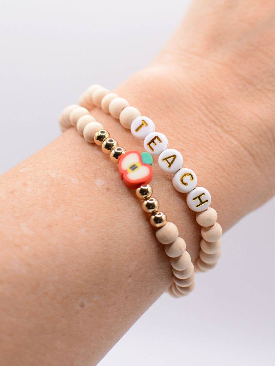 Wood Beaded Teacher stretch Bracelet set on THANK YOU Card