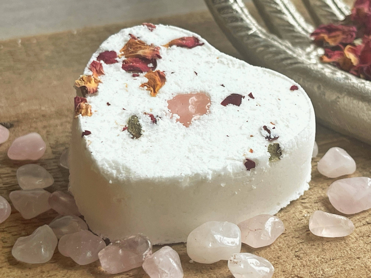 Rose Quartz & Rose Heart Shaped Bath Bomb