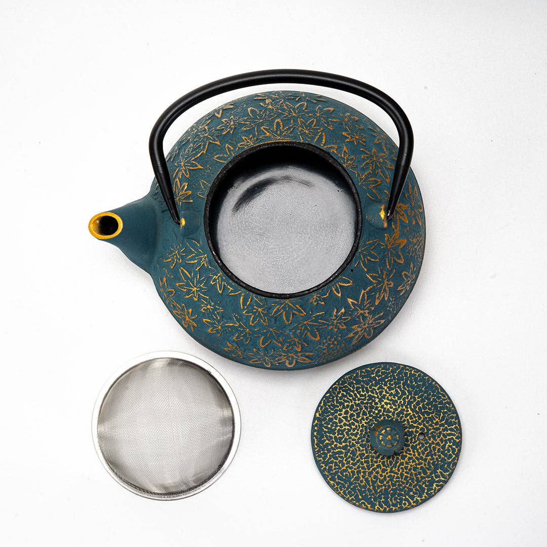 Turquoise Maple Leaves Cast Iron Tea Pot