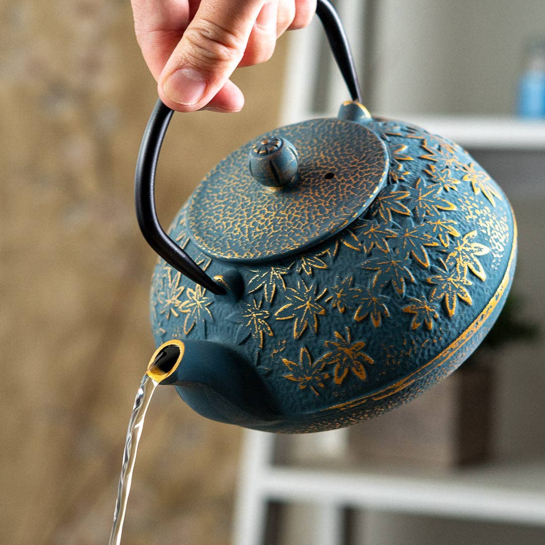 Turquoise Maple Leaves Cast Iron Tea Pot