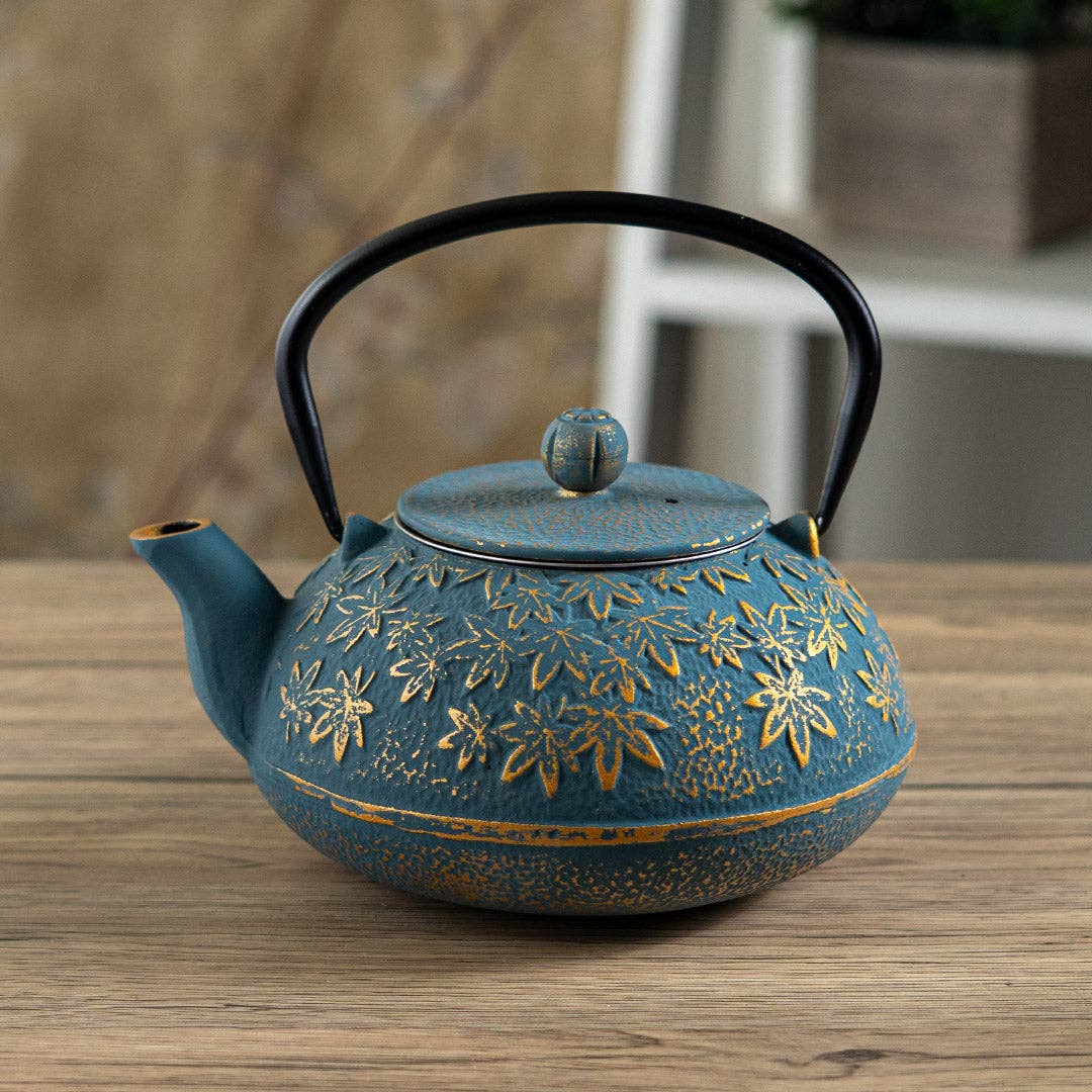 Turquoise Maple Leaves Cast Iron Tea Pot