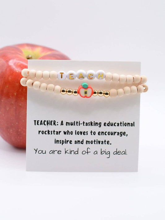 Wood Beaded Teacher stretch Bracelet set on THANK YOU Card