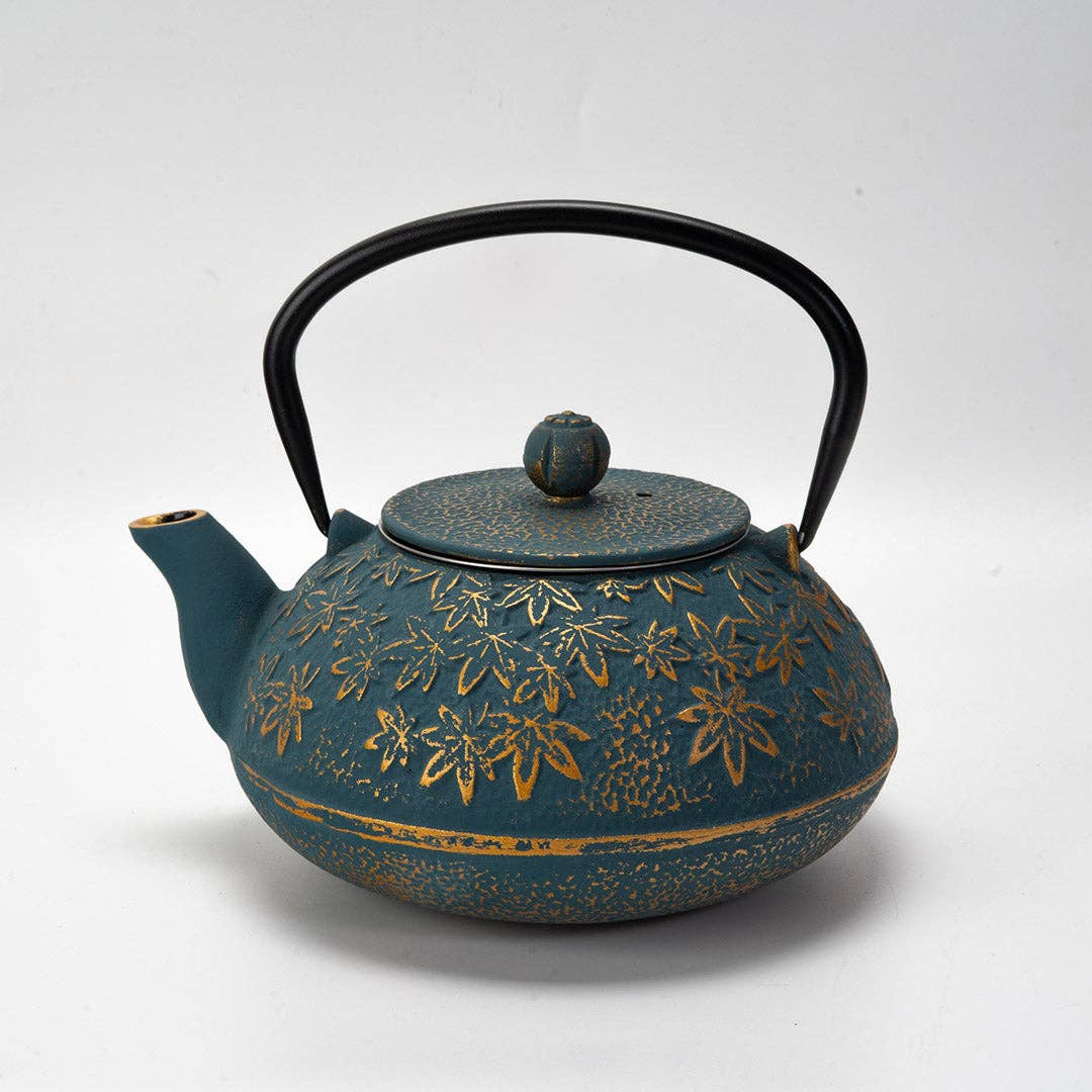 Turquoise Maple Leaves Cast Iron Tea Pot